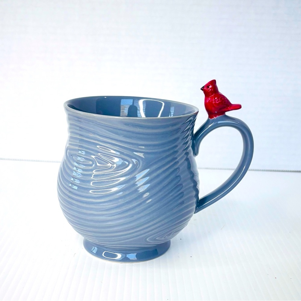 Temptations Blue Gray Woodland Bark 16oz Coffee Mug With Cardinal On Handle